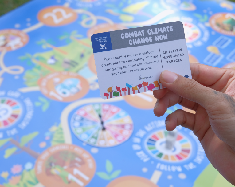 A hand holding a paper sign saying "Combat Climate Change Now" with the board game in the background